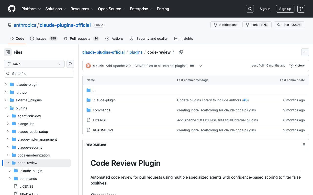 Plugin officiel Code Review dans le dépôt claude-plugins-official