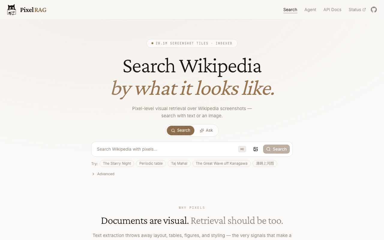 Interface de recherche visuelle PixelRAG sur l'index Wikipedia