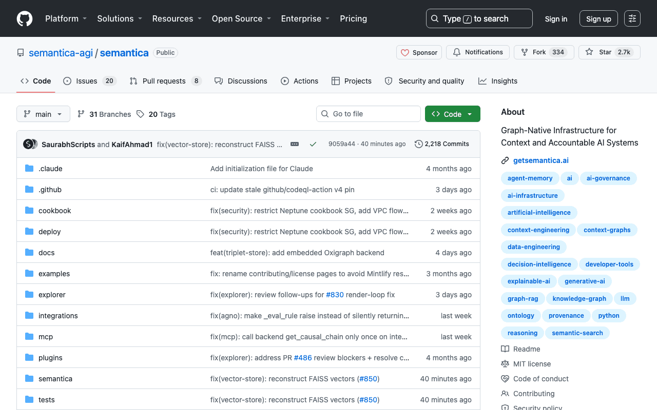 Dépôt GitHub de Semantica, infrastructure de graphe de connaissance pour la gouvernance d'agents IA