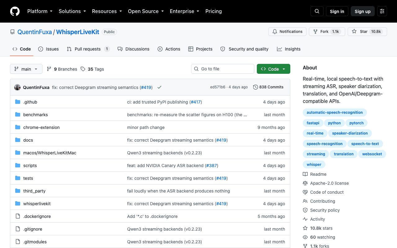 Dépôt GitHub de WhisperLiveKit, moteur de transcription vocale en temps réel auto-hébergé
