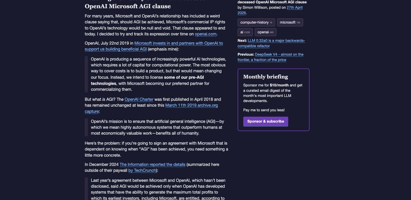 Billet de Simon Willison intitulé Tracking the history of the now-deceased OpenAI Microsoft AGI clause, daté du 27 avril 2026, retraçant les formulations successives de la clause depuis 2019