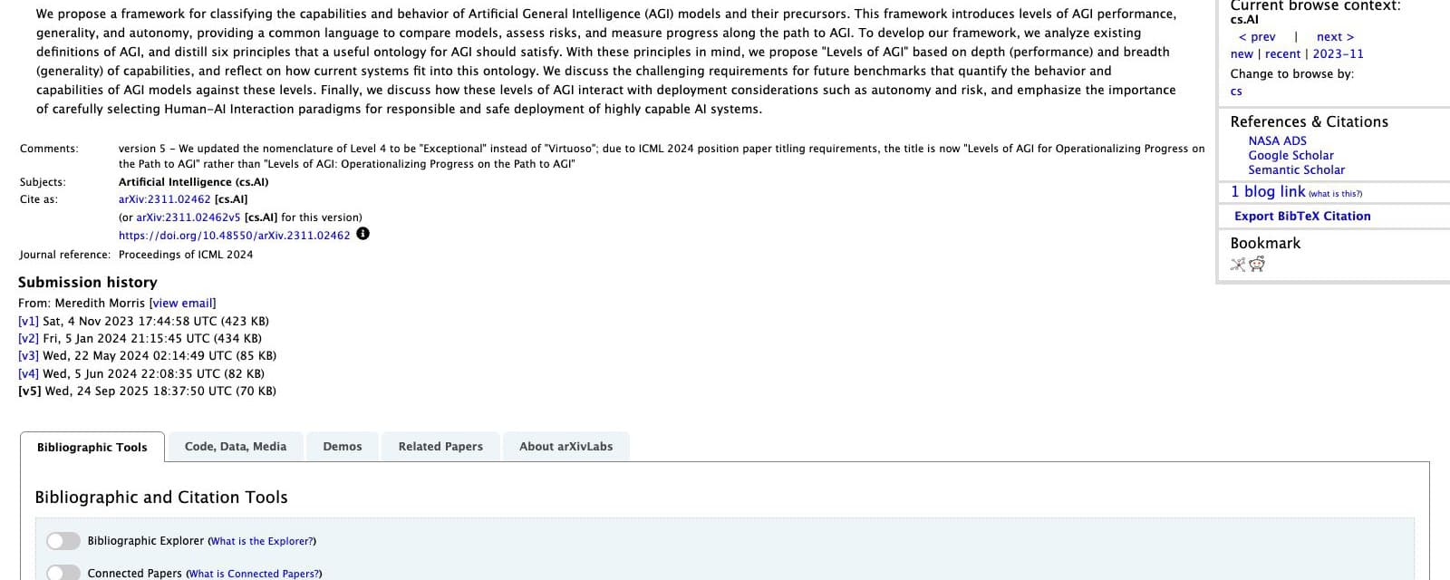 Fiche arXiv du papier Levels of AGI for Operationalizing Progress on the Path to AGI, signé par des chercheurs de DeepMind, avec la note de version signalant le renommage du niveau 4