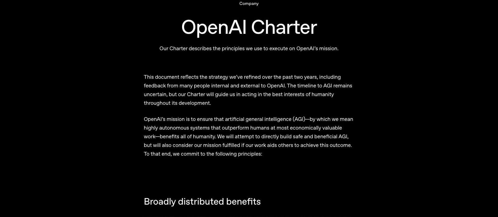 Page de la charte d'OpenAI affichant la mission de l'entreprise et sa définition de l'AGI comme des systèmes hautement autonomes qui surpassent les humains sur la plupart des tâches à forte valeur économique