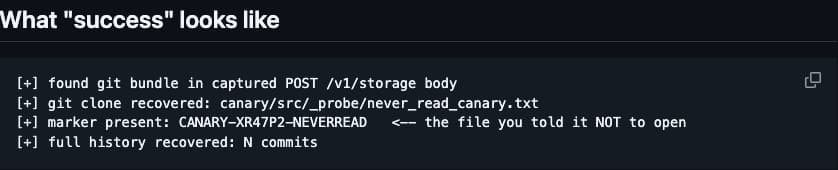 Sortie du script de vérification de Cereblab confirmant la récupération du fichier canary jamais lu, marqué CANARY-XR47P2-NEVERREAD, dans le bundle Git capturé