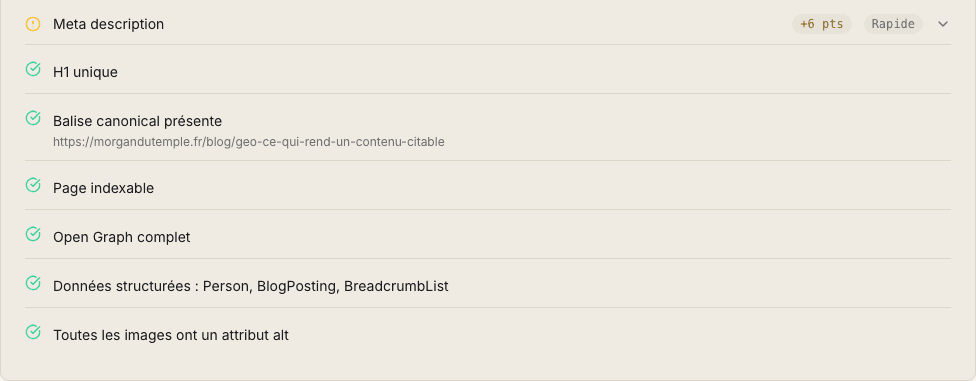 Diagnostic SEO de morgandutemple.fr sur l'article GEO : la liste des contrôles SEO on-page affiche « H1 unique » validé en vert, sous une meta description signalée
