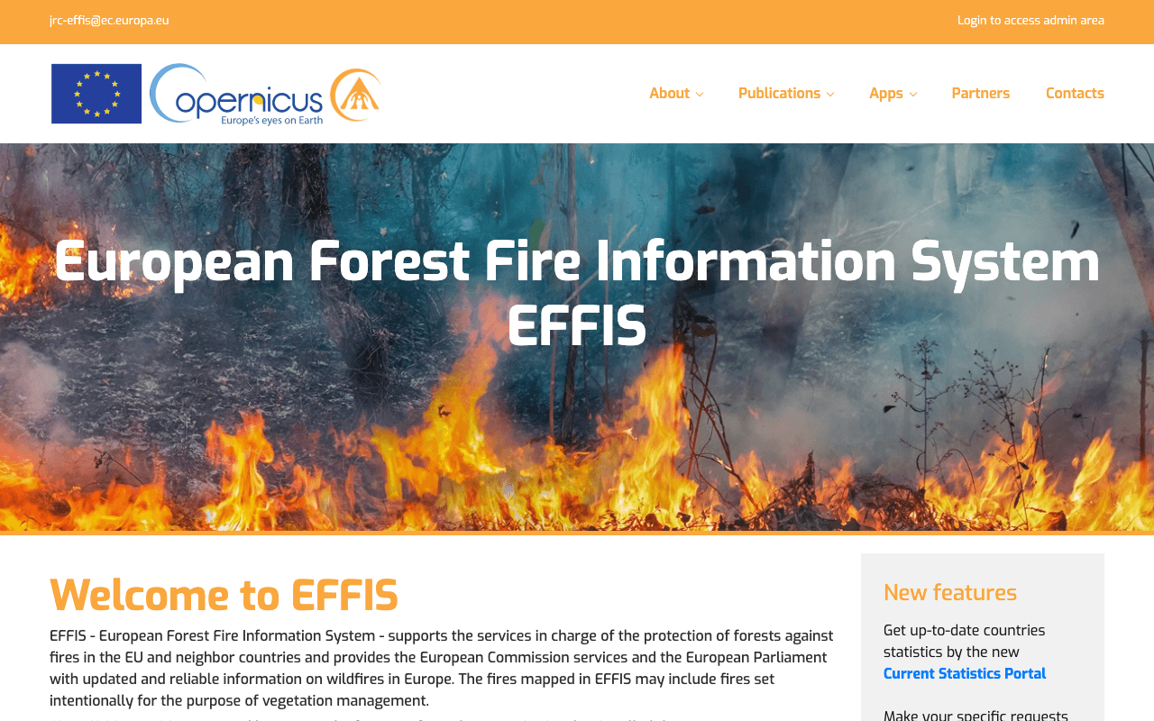 Page d'accueil du site Copernicus EFFIS, European Forest Fire Information System, opéré par le Centre commun de recherche de la Commission européenne