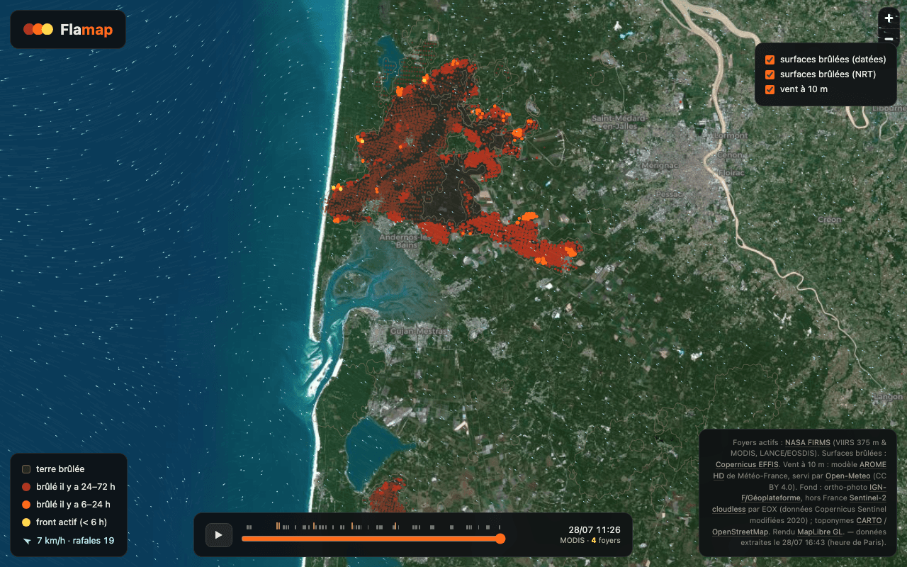 Carte Flamap centrée sur l'incendie de Gironde le 28 juillet, montrant les surfaces brûlées en dégradé de rouge selon leur ancienneté et la légende des sources NASA FIRMS, Copernicus EFFIS, AROME et IGN