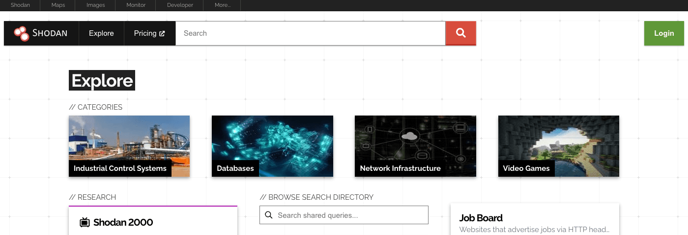 Page Explore de Shodan, qui liste les catégories de recherche les plus consultées (systèmes industriels, bases de données, infrastructures réseau)