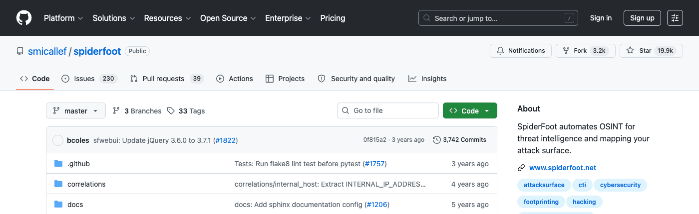 Dépôt GitHub officiel de SpiderFoot (smicallef/spiderfoot), sous licence MIT, avec ses tags osint-framework et attack-surface