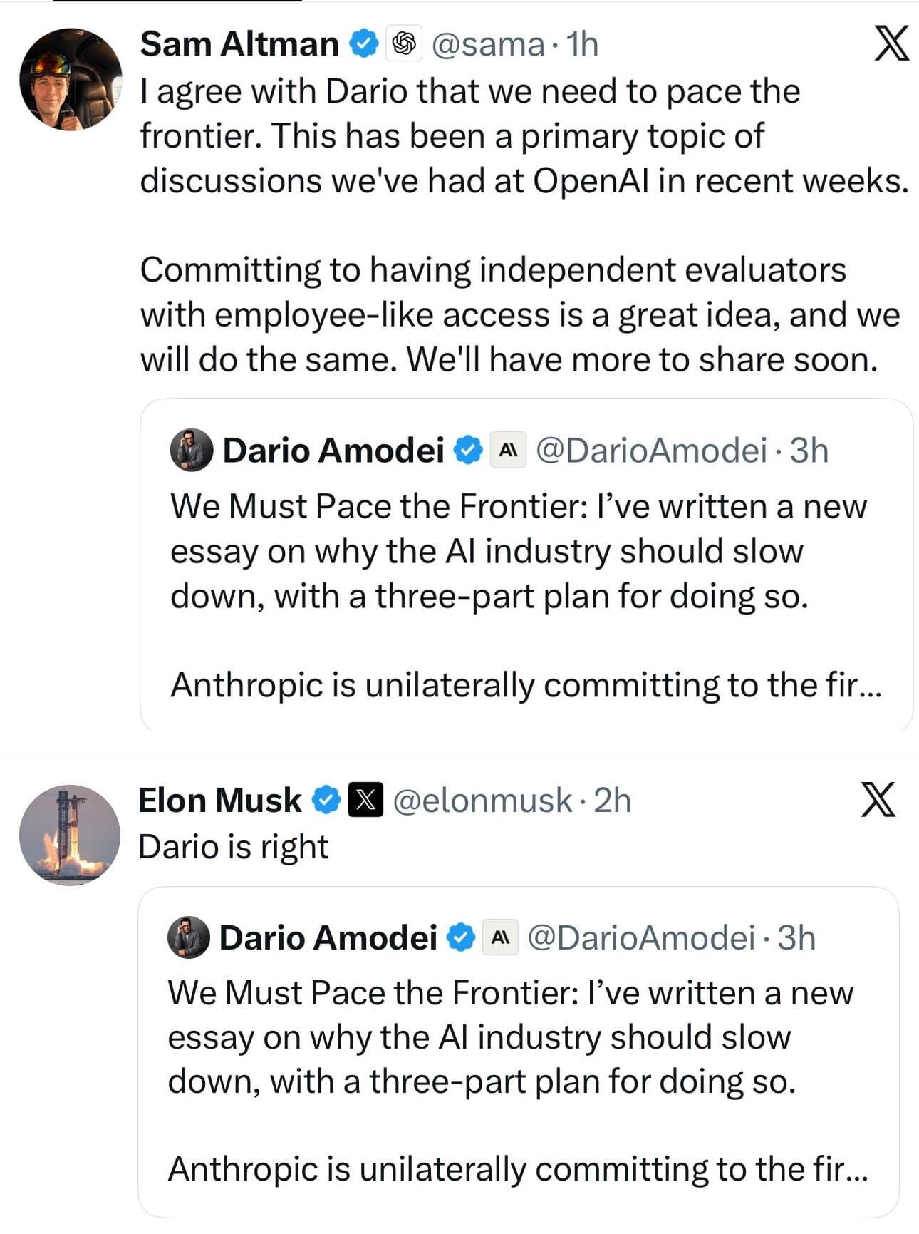 Les réponses de Sam Altman et d'Elon Musk au tweet de Dario Amodei, publiées le même jour à une heure d'intervalle