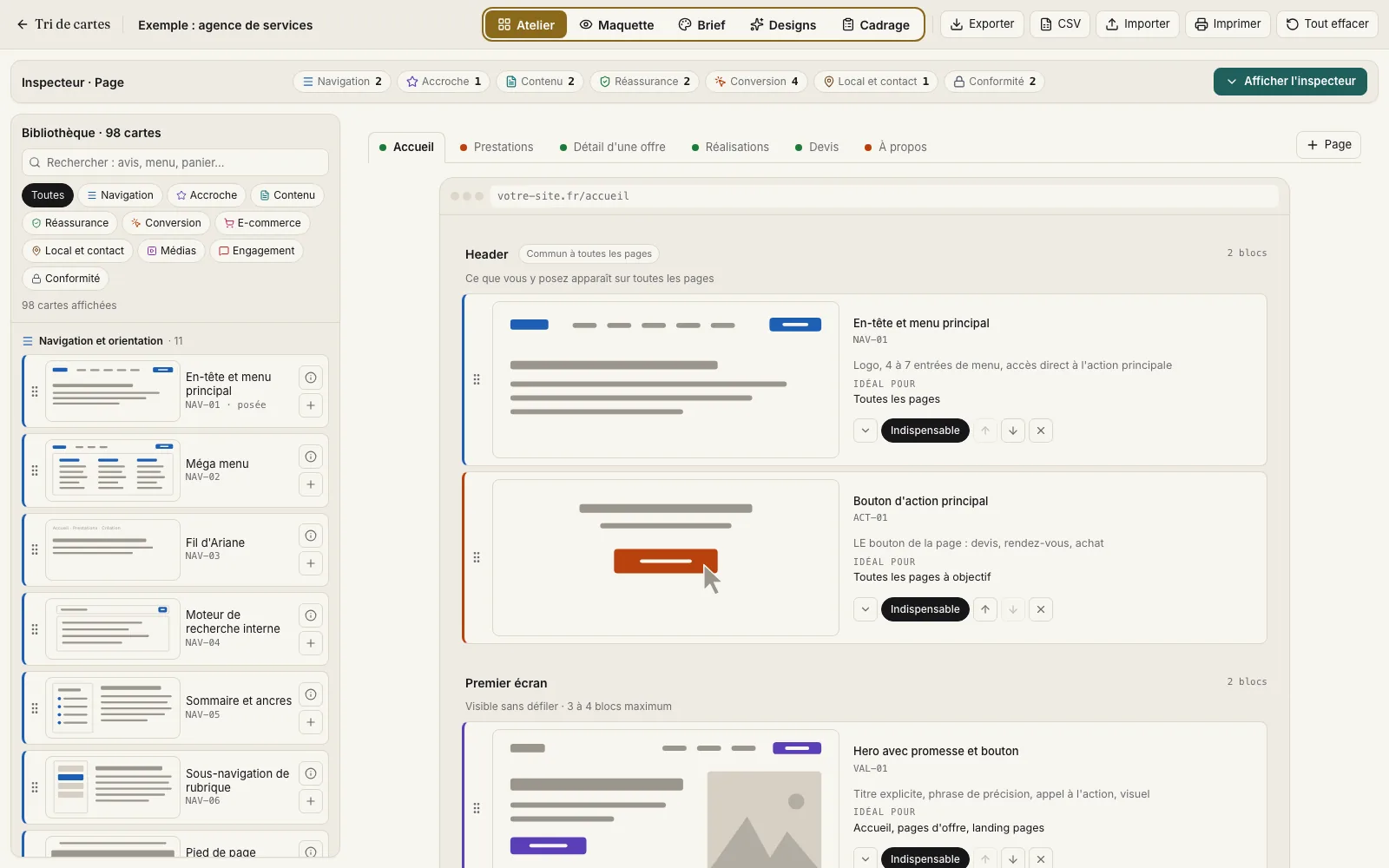 L'atelier tri de cartes en ligne : vues Atelier, Maquette, Brief, Designs et Cadrage, bibliothèque de blocs et page en construction