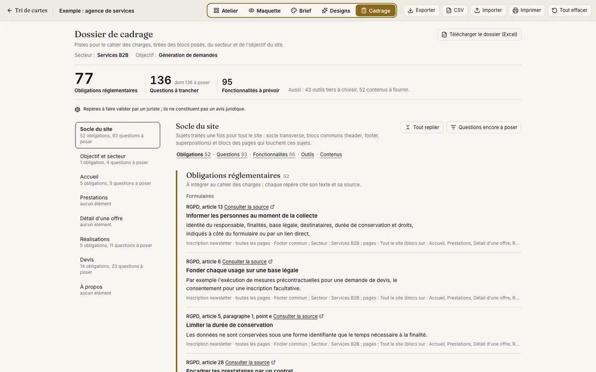 La vue Cadrage : obligations réglementaires sourcées, questions à trancher et fonctionnalités, pour le socle du site et chaque page