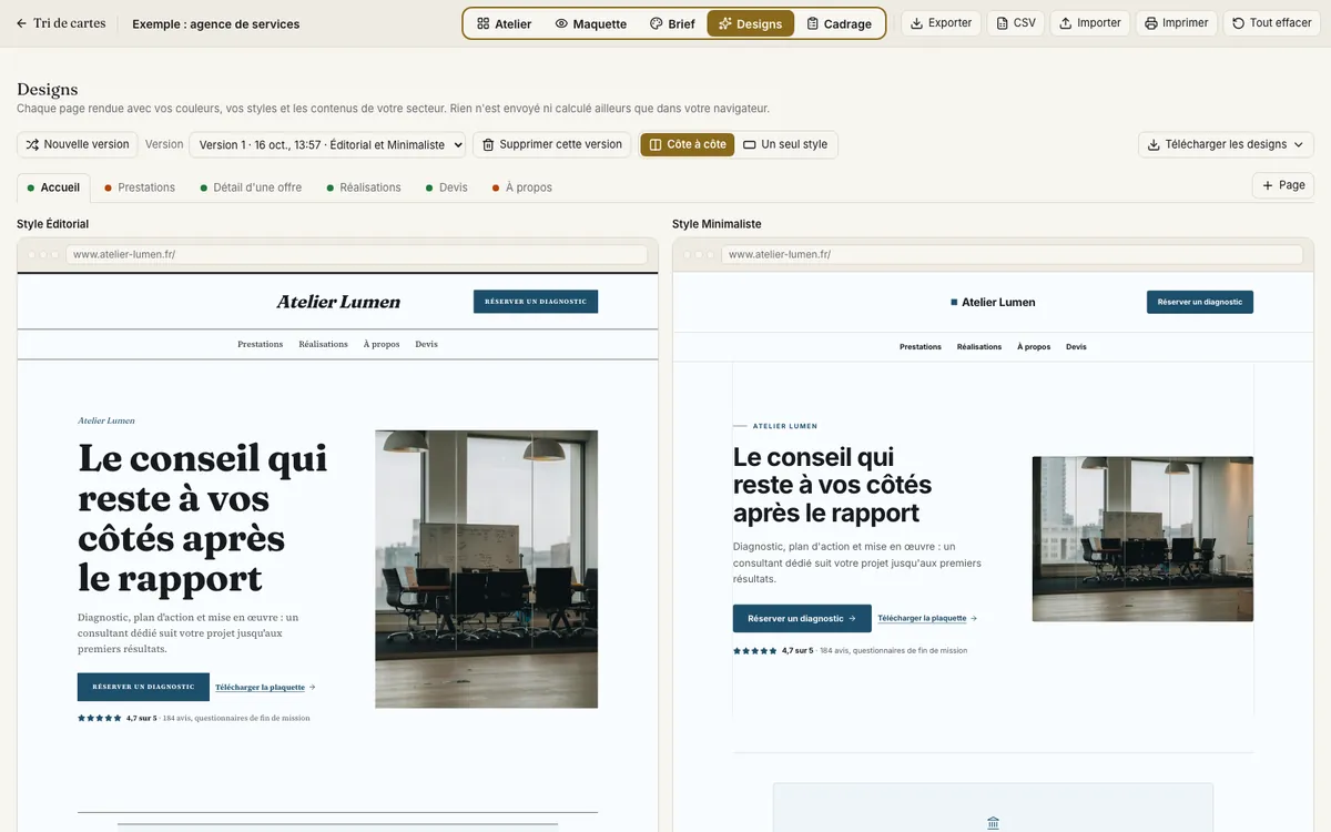 La vue Designs : la page d'accueil d'un client fictif rendue dans deux styles, côte à côte