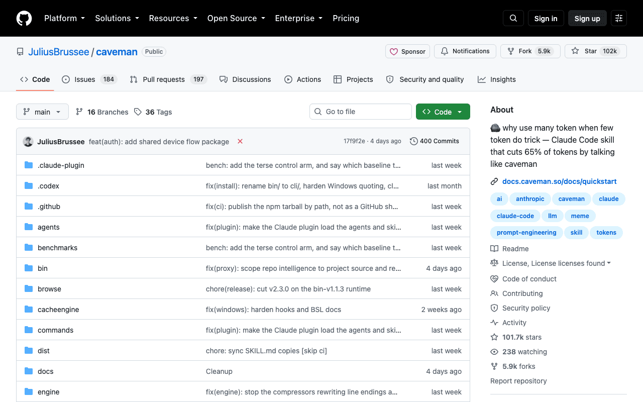 Dépôt GitHub de Caveman, la skill Claude Code de compression de sortie
