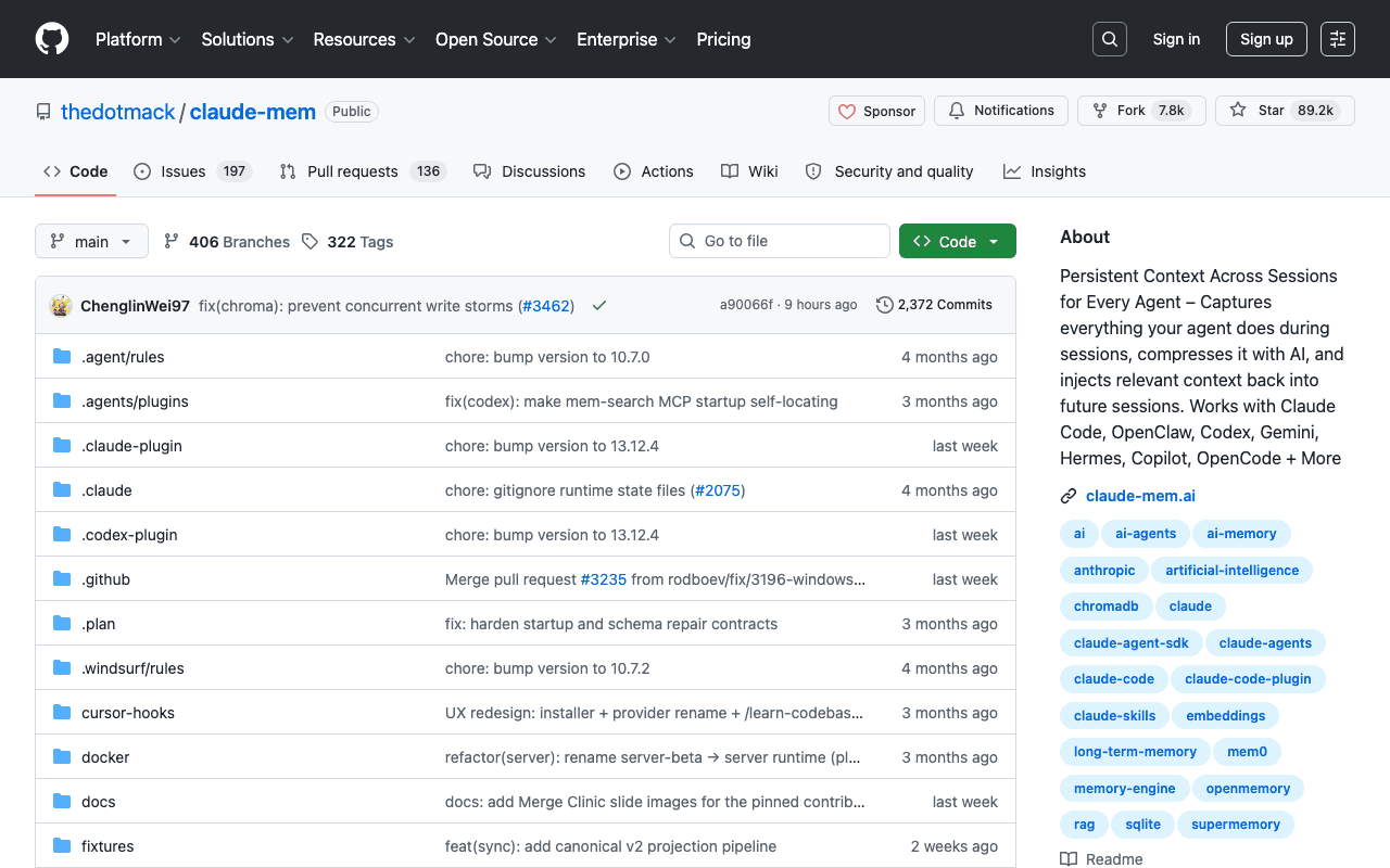 Dépôt GitHub de claude-mem, mémoire persistante pour agents de code
