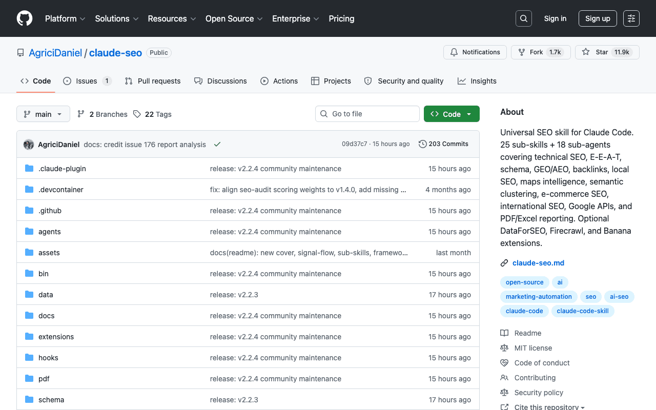 GitHub repository of the claude-seo skill