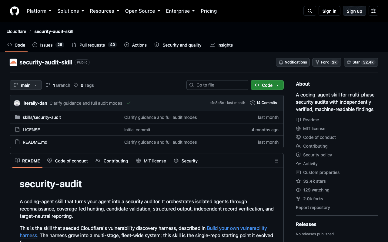 Dépôt GitHub de security-audit-skill, skill d'audit de sécurité de Cloudflare