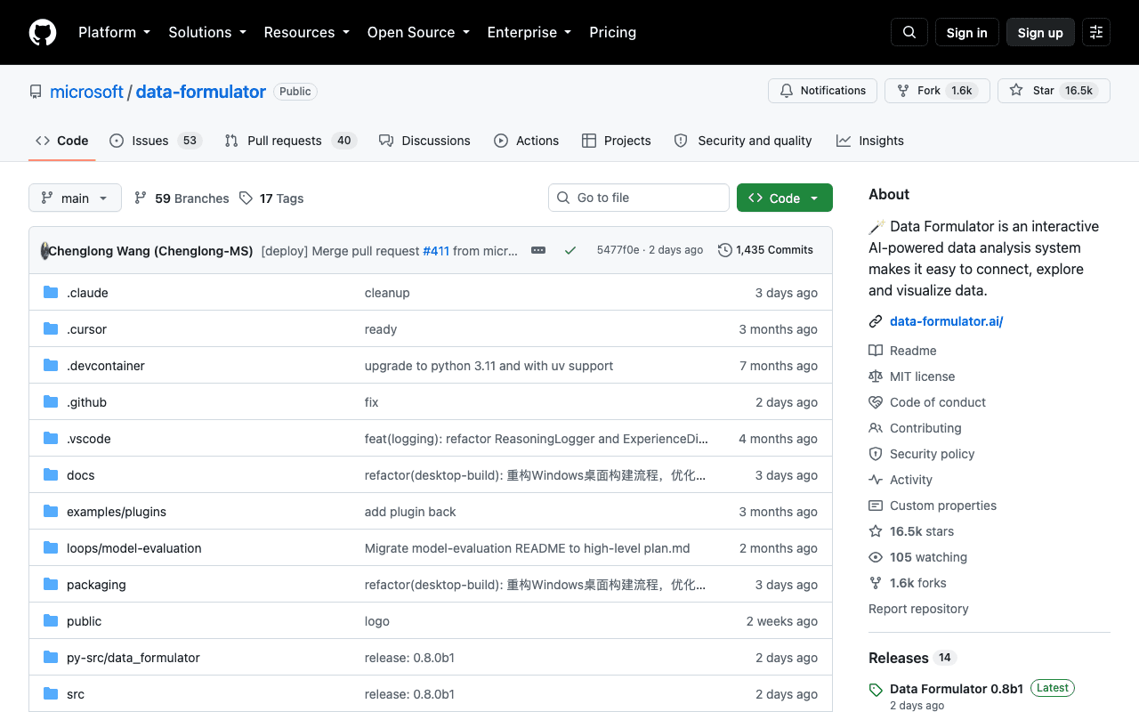 Dépôt GitHub de Data Formulator, projet Microsoft Research de visualisation de données par agent IA
