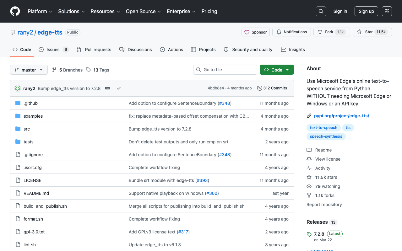 GitHub repository of the edge-tts project
