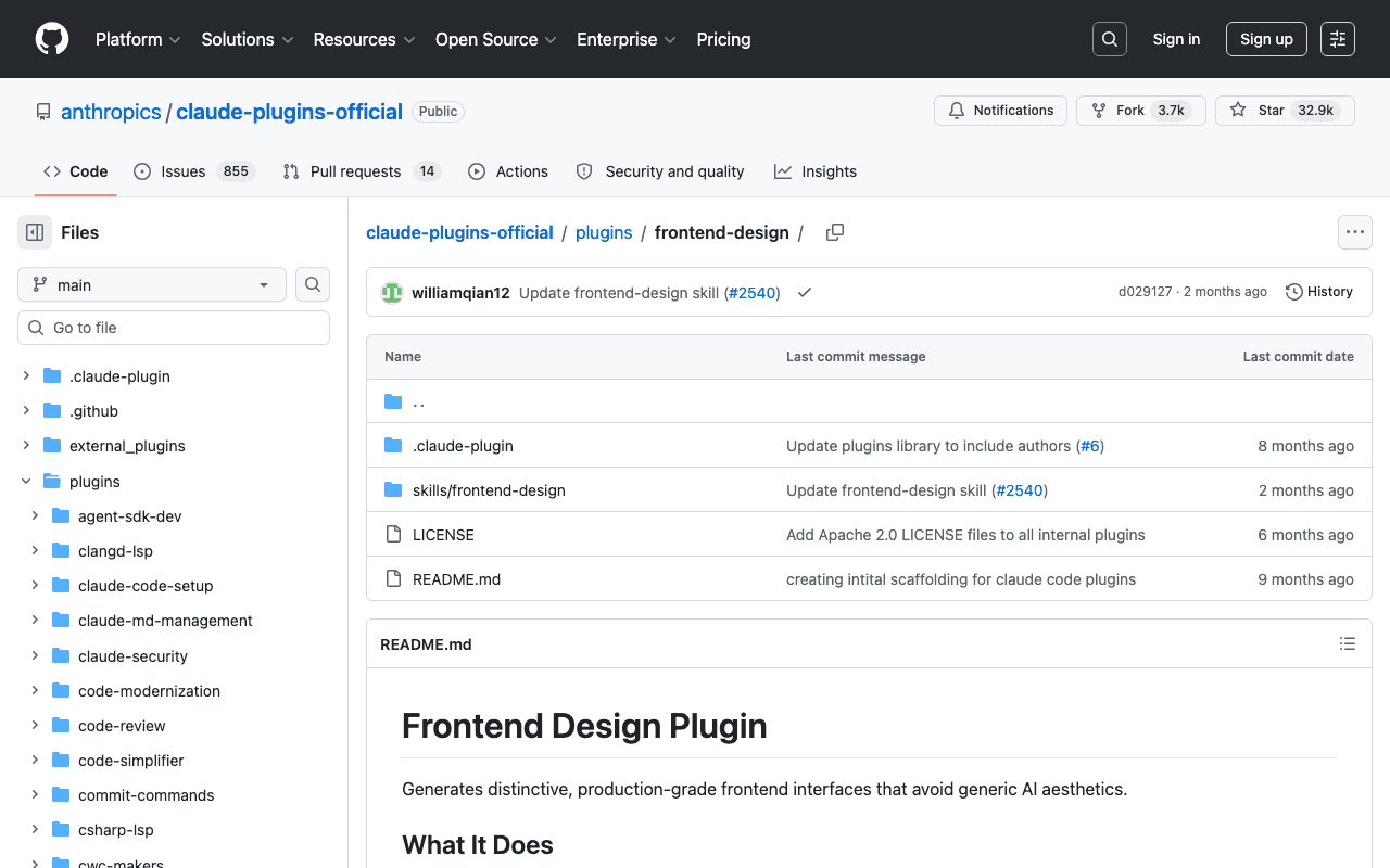 Plugin officiel Frontend Design dans le dépôt claude-plugins-official
