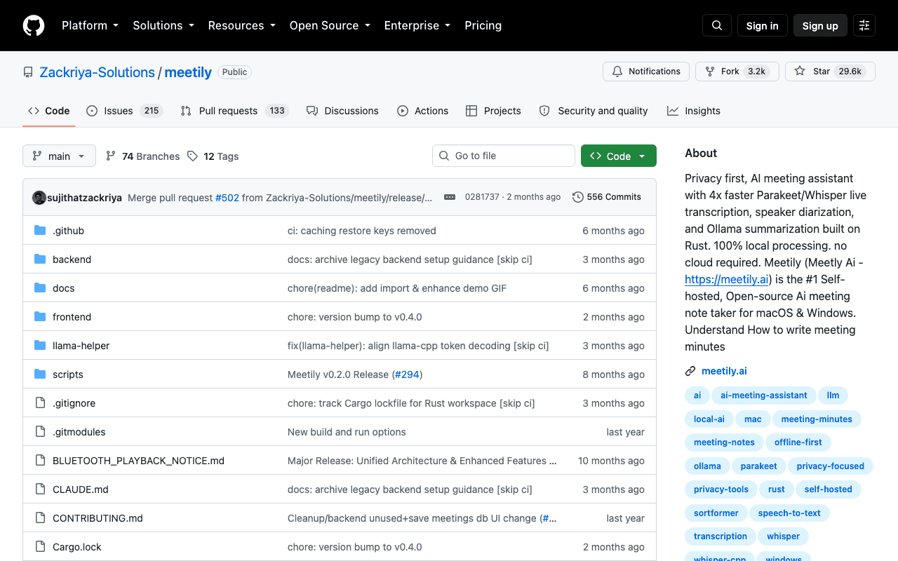 Dépôt GitHub de Meetily, assistant de réunion IA local et open source
