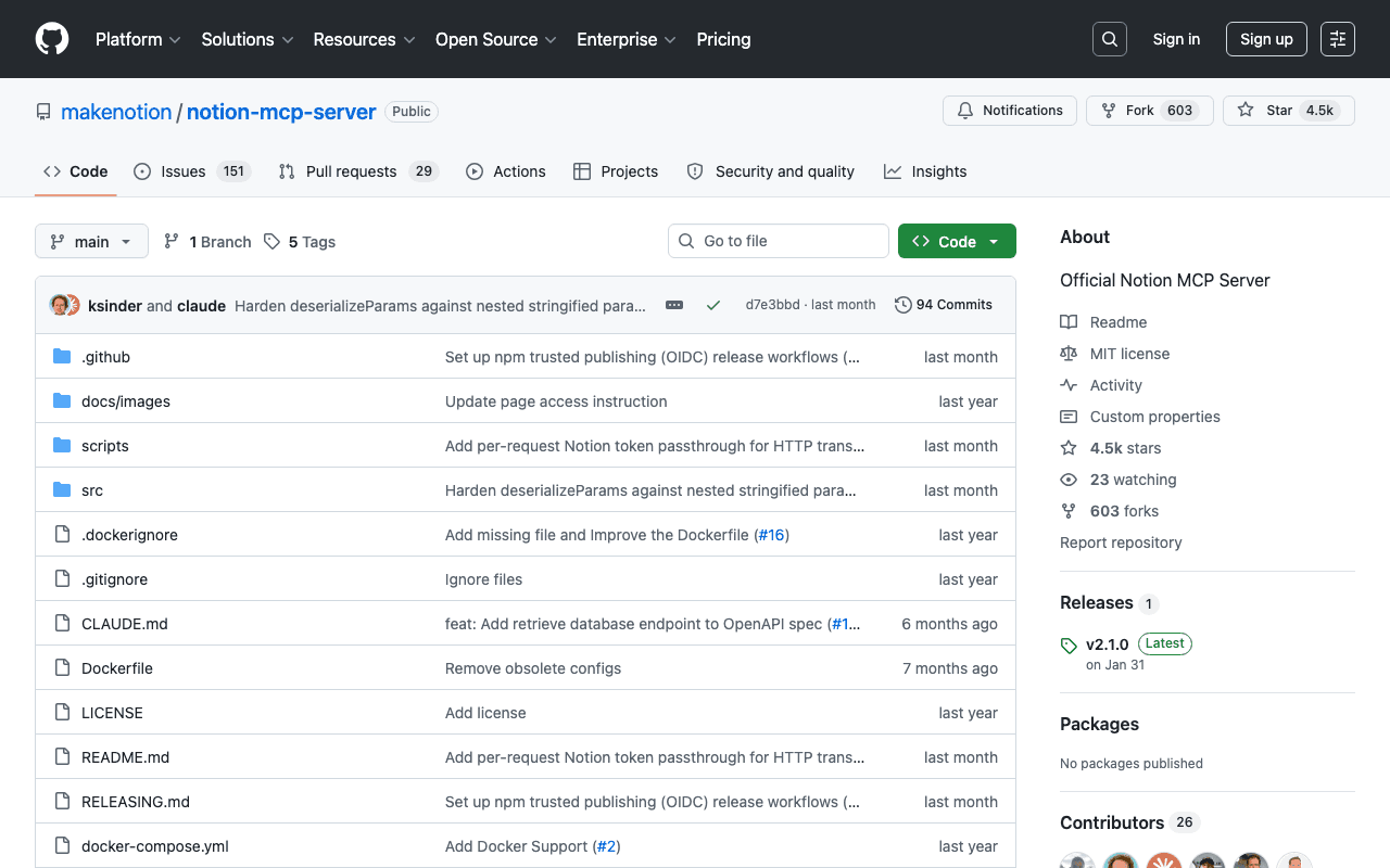 GitHub repository of Notion's official MCP server