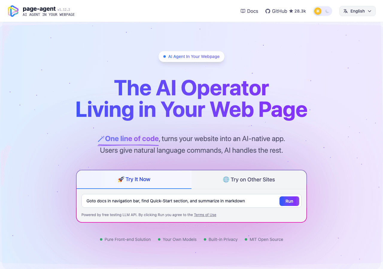 Démo interactive de Page Agent : un champ de commande en langage naturel sur une page web