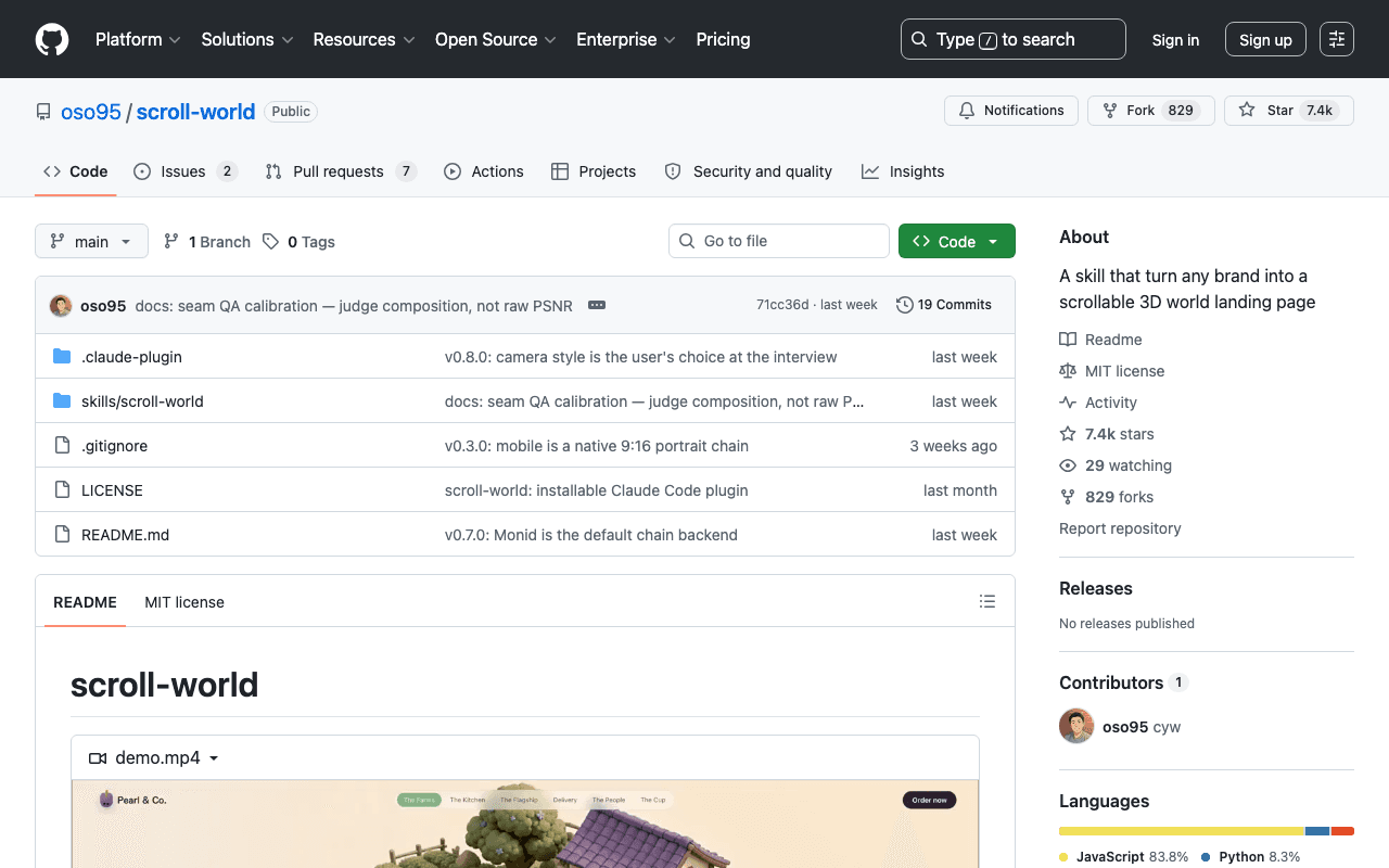Dépôt GitHub de Scroll World, skill Claude Code de landing page 3D scrollée