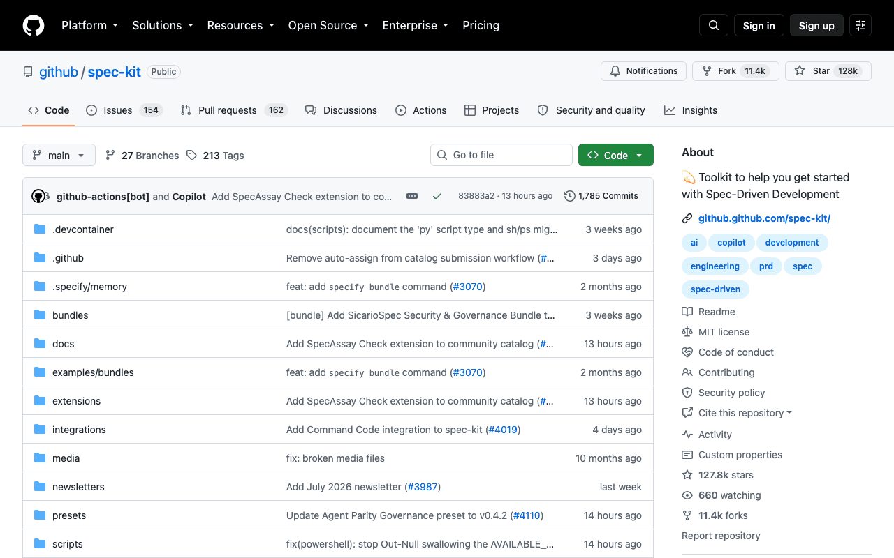 Dépôt GitHub de Spec Kit, toolkit officiel GitHub pour le développement piloté par spécification avec un agent IA