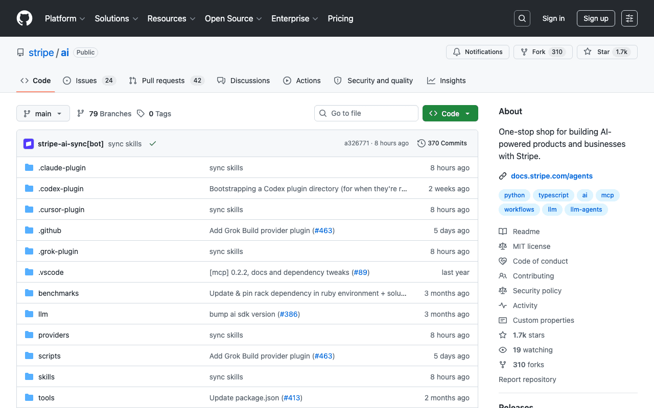 The Stripe agent toolkit's GitHub repository