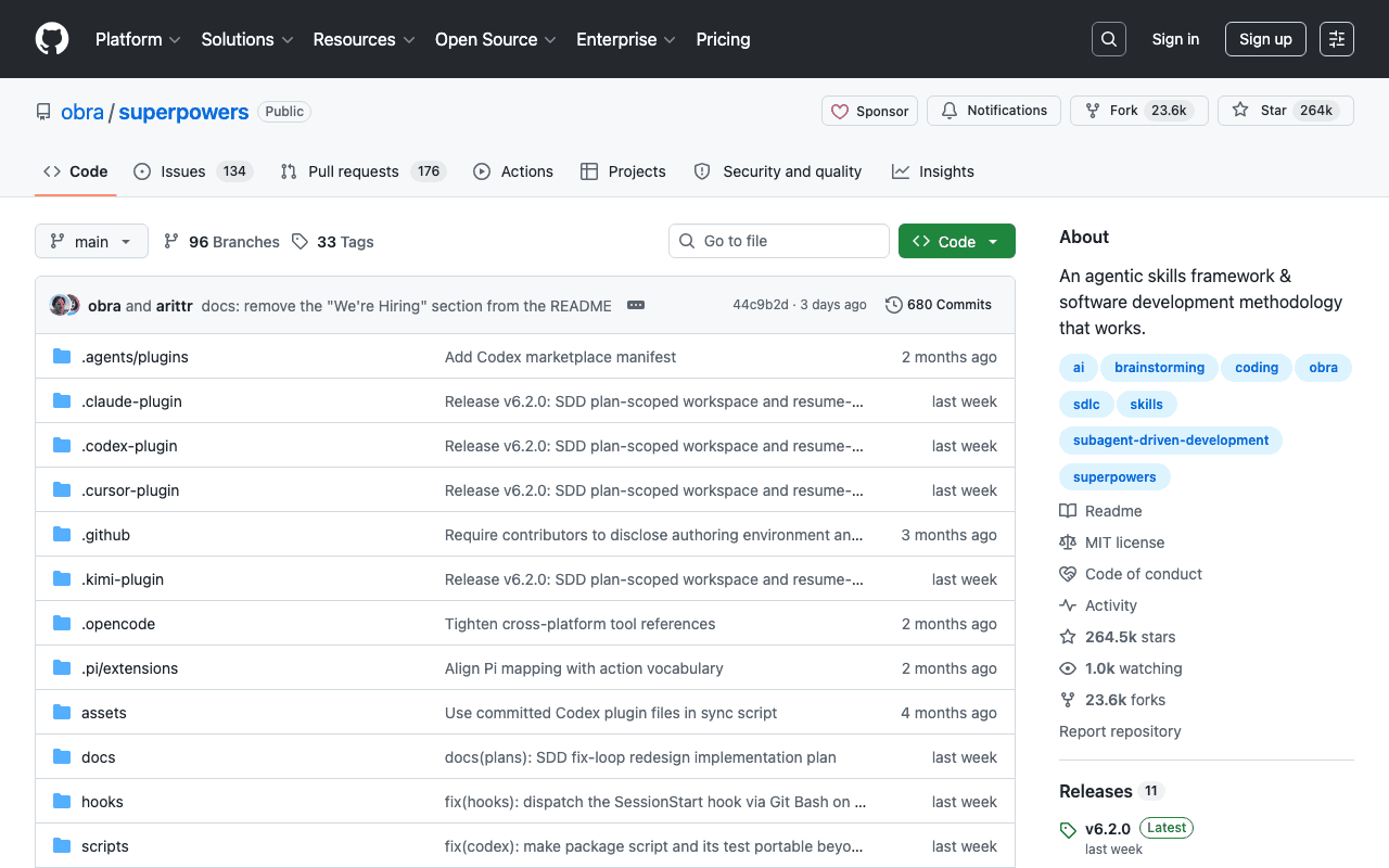 Dépôt GitHub de Superpowers, 264k étoiles