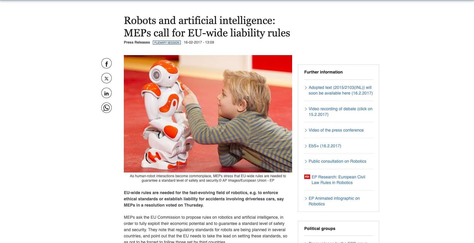 Communiqué de presse du Parlement européen du 16 février 2017 titré Robots and artificial intelligence: MEPs call for EU-wide liability rules