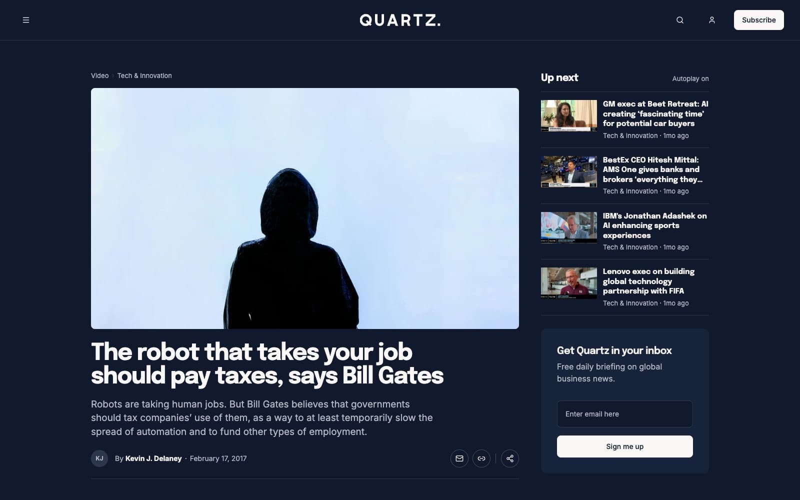 Article de Quartz du 17 février 2017 titré The robot that takes your job should pay taxes, says Bill Gates, signé Kevin J. Delaney
