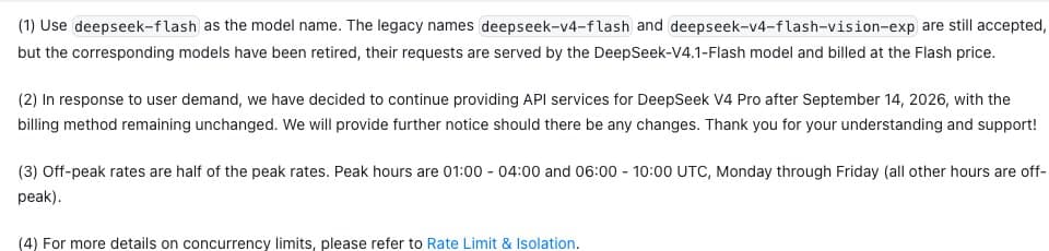 Capture de la documentation officielle DeepSeek, note 3 : Off-peak rates are half of the peak rates, avec les créneaux horaires exacts