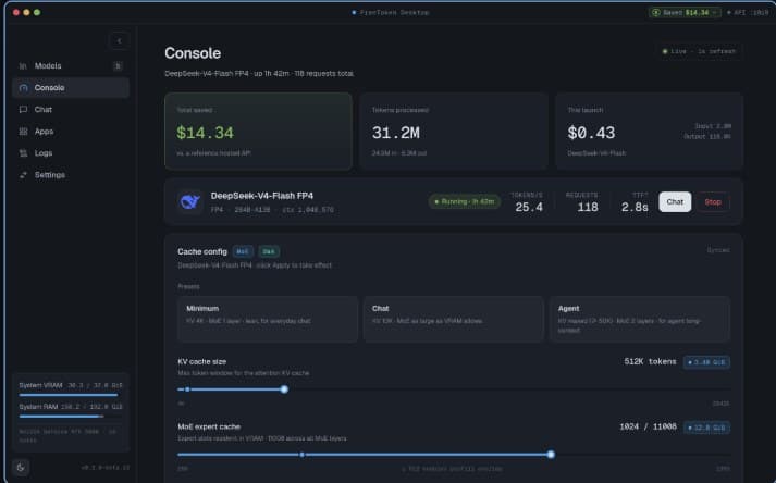 Application de bureau FreeToken faisant tourner DeepSeek-V4-Flash à 25,4 tokens par seconde, avec le réglage du cache d'experts MoE et la VRAM/RAM système affichées