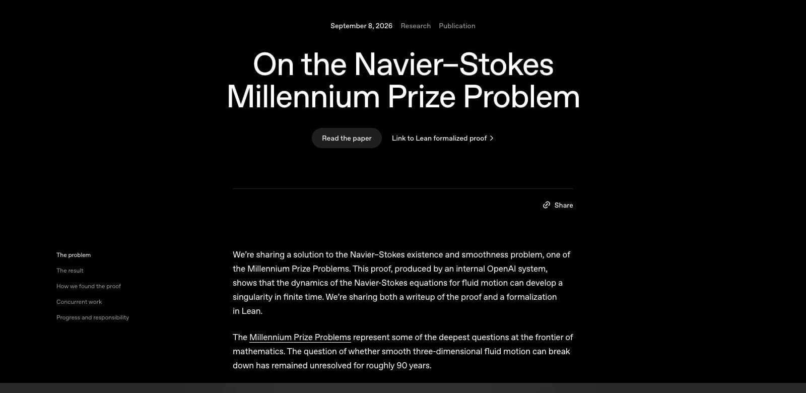 Page officielle d'OpenAI intitulée On the Navier-Stokes Millennium Prize Problem, datée du 8 septembre 2026, avec les liens vers le papier et vers la preuve formalisée en Lean