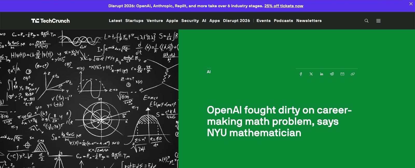 Article de TechCrunch titré OpenAI fought dirty on career-making math problem, says NYU mathematician