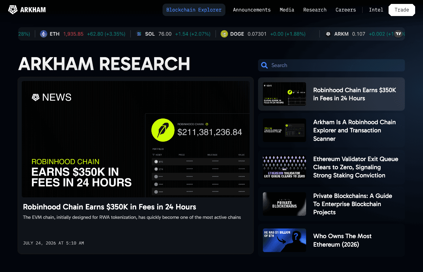 Page d'accueil d'Arkham Research, avec des analyses en temps réel sur l'activité blockchain et un ticker de prix crypto en direct daté du 24 juillet 2026