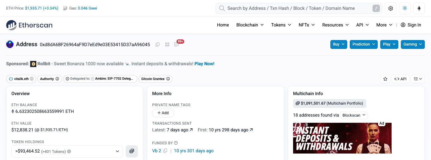Fiche d'une adresse Ethereum publique sur Etherscan, affichant le solde en ETH, sa valeur en dollars, les jetons détenus et l'historique des transactions les plus récentes