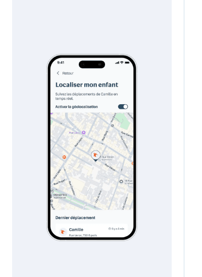 Écran Localiser mon enfant dans l'application Bouygues Telecom, avec carte et dernier déplacement enregistré