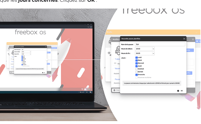 Écran de création d'une pause planifiée dans Freebox OS, avec nom, heure de début et de fin, et jours de la semaine