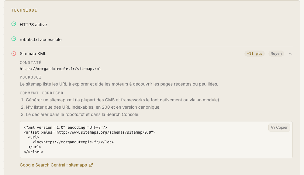 Section Technique du diagnostic SEO lancé sur morgandutemple.fr : HTTPS activé et robots.txt accessible en vert, carte Sitemap XML en rouge dépliée avec l'URL constatée, le pourquoi, les étapes de correction et un extrait XML