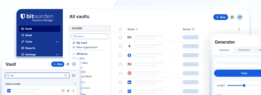 Interface Bitwarden : liste des identifiants enregistrés et générateur de mot de passe
