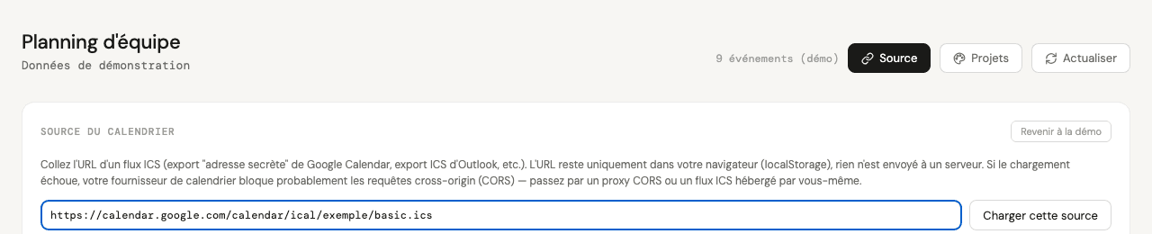 Panneau de connexion à une source de calendrier ICS personnalisée