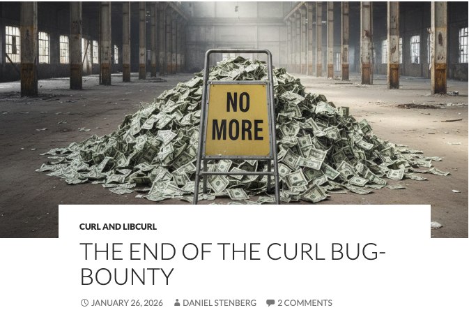 Billet de blog de Daniel Stenberg intitulé « The end of the curl bug-bounty », avec une illustration d'une pancarte « No more » posée sur un tas de billets