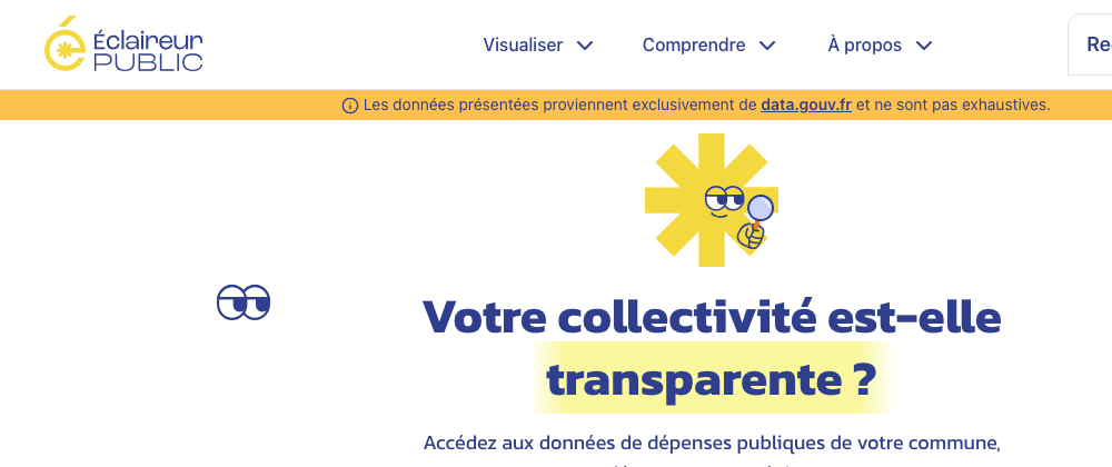 Page d'accueil d'Éclaireur Public, l'outil d'Anticor et Data for Good pour vérifier la transparence de sa collectivité