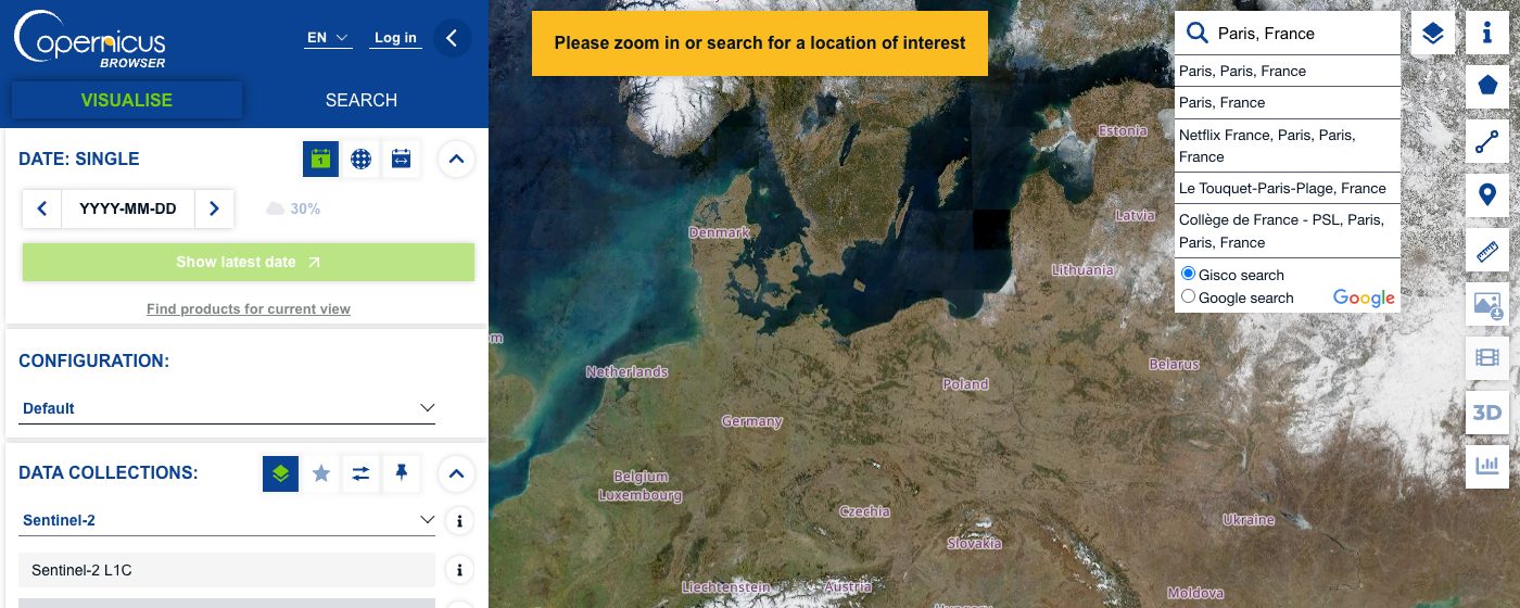 Copernicus Browser affichant une mosaïque Sentinel-2 de l'Europe, avec le panneau de sélection des collections de données (Sentinel-2 L1C/L2A) et le sélecteur de date