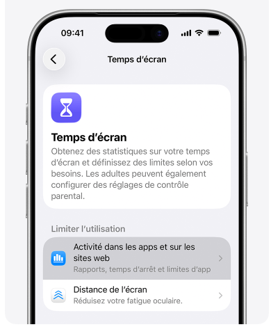 Écran Temps d'écran dans les réglages iPhone, avec le raccourci vers Activité dans les apps et sur les sites web