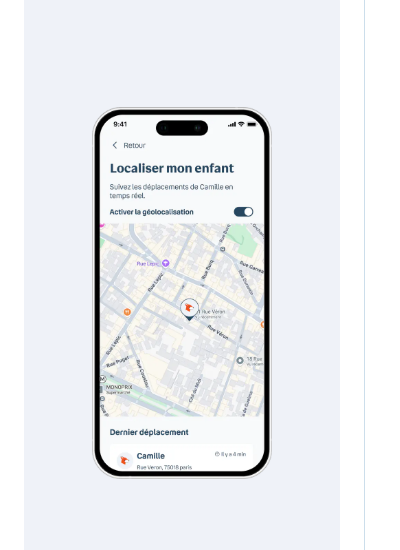 Écran Localiser mon enfant dans l'application Bouygues Telecom, avec carte et dernier déplacement enregistré