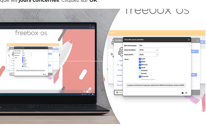 Écran de création d'une pause planifiée dans Freebox OS, avec nom, heure de début et de fin, et jours de la semaine